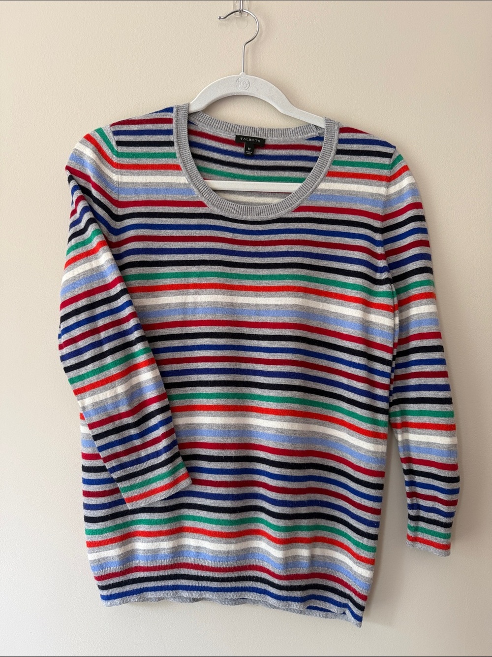 Talbots Gray Striped Crewneck Sweater with Red, Green & Blue